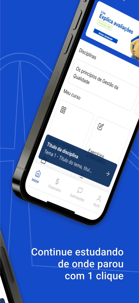 Minha Estácio - Users can effortlessly resume their studies from the last point via dedicated content cards and navigate key sections using the intuitive bottom menu.