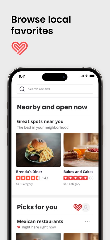 Yelp: Food, Services & Reviews - O aplicativo exibe negócios populares 'Perto e abertos agora', apresentando estabelecimentos como 'Brenda's Diner' com sua avaliação e categoria.