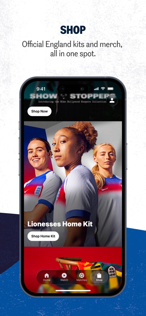 The Official England App - The app integrates an official England Store, allowing fans to browse and purchase merchandise like the 'Lionesses Home Kit' directly through a dedicated button.