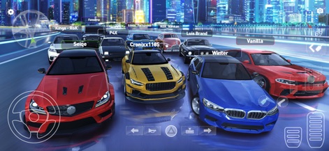 PetrolHead : Street Racing - 多彩なカラーとデザインの車が路上に集結し、各車両の上にはプレイヤー名が表示されています。広大な都市の夜景が、ソーシャルな出会いの場を演出しています。