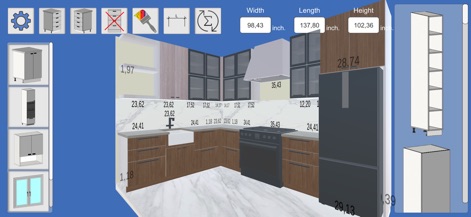 Kitchen Editor 3D: Design App - This tool allows for seamless integration of major appliances like the refrigerator, alongside varied cabinet modules for a complete kitchen design.