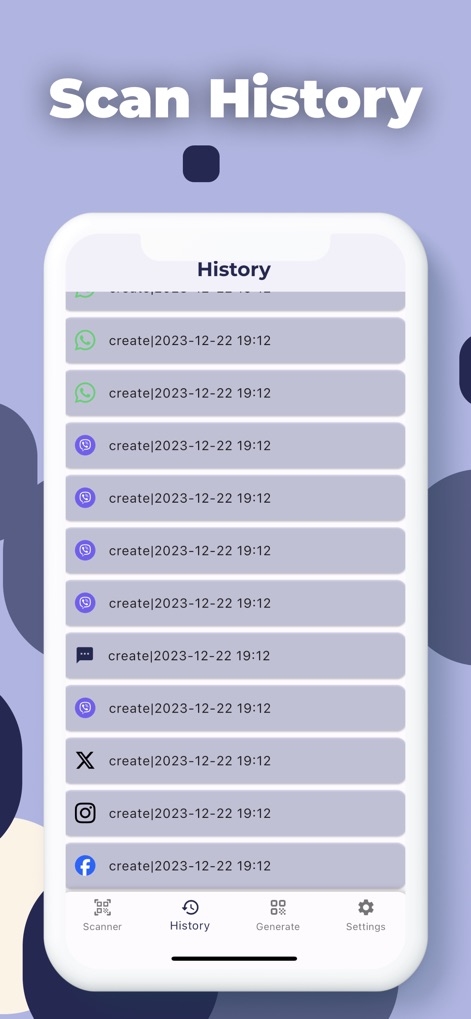 QR Code Reader App - ScanQR - L'application centralise un historique clair de toutes les activités de scan et de création, avec les icônes d'application et les horodatages visibles pour chaque entrée.