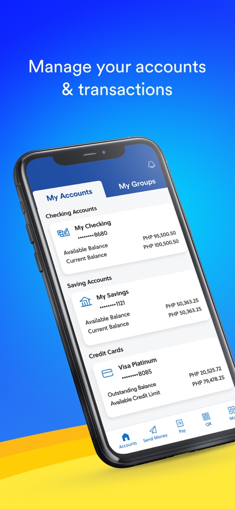 BDO Online - Users gain a clear financial overview, displaying detailed balances for various 'Checking Accounts' and 'Credit Cards,' supported by an intuitive bottom navigation bar.