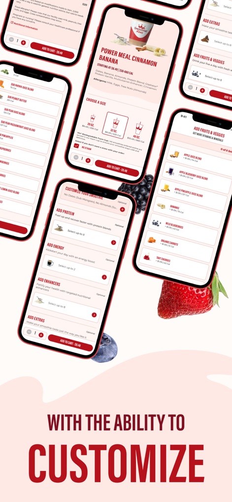 Smoothie King - この画面は、ユーザーが注文を詳細にカスタマイズできる柔軟性を示しています。「POWER MEAL CINNAMON BANANA」のサイズ選択や、「ADD PROTEIN」、「ADD ENERGY」といった追加オプションで、理想のブレンドを作成できます。