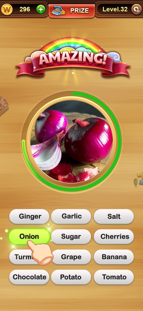Word Connect ¤ - La aplicación presenta un desafío de vocabulario donde los usuarios deben identificar la palabra correcta que corresponde a la imagen central de las cebollas. Se destaca la interactividad con la selección del botón "Onion" y la confirmación visual de "AMAZING!".