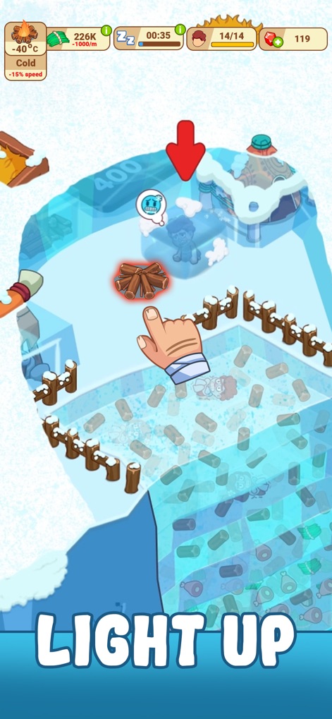 Icy Village: Survival Idle - Questa immagine illustra l'interazione diretta, mostrando una mano che accende un falò e una freccia rossa che indica l'azione da compiere.