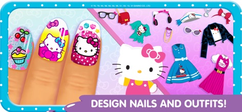 Hello Kitty Nail Salon - Esta captura de tela combina a criação de designs de unhas vibrantes com uma vasta seleção de acessórios de moda e roupas da Hello Kitty.