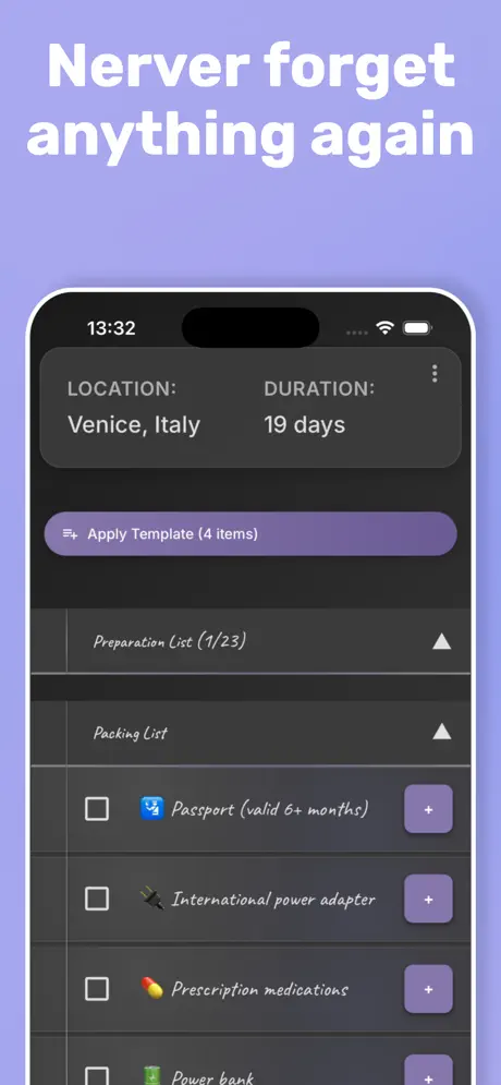 PackMyTrip Packing List 旅行打包清单应用截图