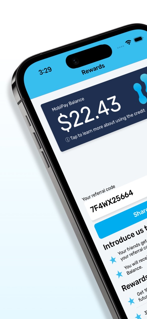 MobiMatter: eSIM Marketplace - The Rewards section displays the user's "MobiPay Balance" and provides a unique "referral code" for sharing with friends.