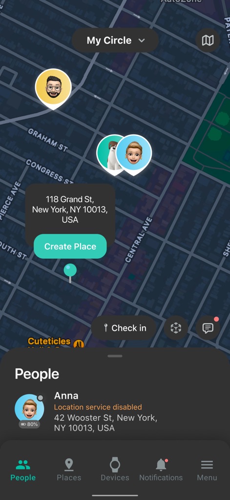 GeoZilla Phone Location Finder - Explore the centralized map interface, showcasing multiple family members' precise locations and an intuitive bottom navigation bar for various features.