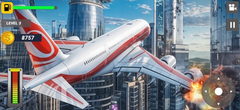 Pilot Simulator Plane Games - Esta captura revela la emoción de volar cerca de rascacielos, con efectos de impacto dinámicos que añaden intensidad al desafío.