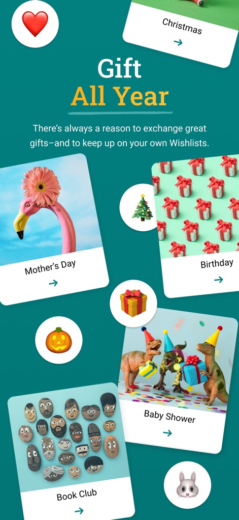 Elfster: The Secret Santa App - This tool supports a wide range of gifting occasions, showcasing categories like "Mother's Day" and "Baby Shower", ensuring users can organize exchanges for "Birthday" and "Book Club" events year-round.