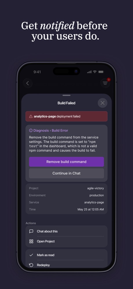 Railway.com App Store screenshot 4, headline “Get notified before your users do.”. Serif headline.