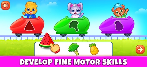 Kids Games: For Toddlers 3-5 - The app incorporates activities that enhance fine motor skills, such as dragging a watermelon into a shape-matching cart.
