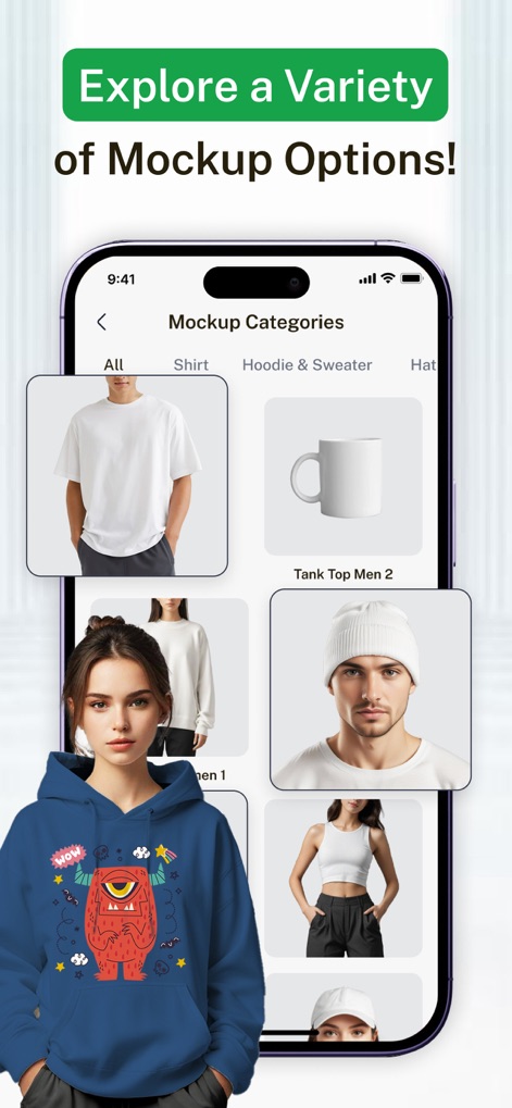 T Shirt Designer AI Design - Os usuários podem explorar uma ampla gama de opções de mockups, apresentando desde uma camiseta branca básica até um moletom azul com um design de monstro, para visualizar seus produtos.