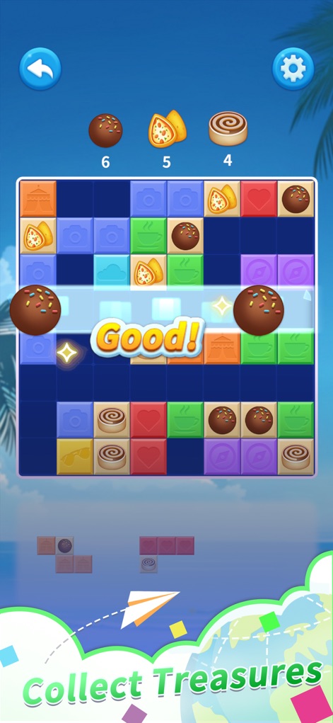Block Odyssey - Engage with the vibrant block puzzle grid, where users strategically clear blocks to gather diverse collectible items like chocolate balls and cinnamon rolls.