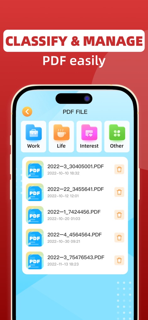 Flat PDF Scan-PDF Creator - Explore how users can efficiently classify their PDFs using dedicated category buttons (Work, Life, Interest) and manage individual files with the visible trashcan icons.