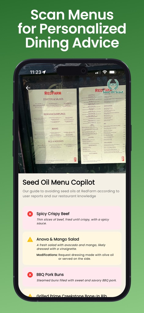 Seed Oil Scout: Healthy Dining - Users can 'Scan Menus for Personalized Dining Advice', receiving immediate feedback on dishes like 'Spicy Crispy Beef' and constructive modifications for options such as the 'Anova & Mango Salad'.