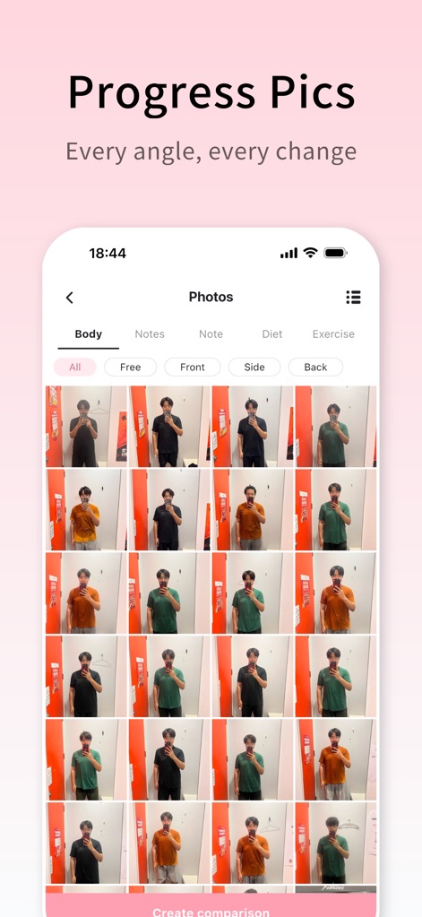 WeightDiary - Track better you - A galeria exibe uma coleção de fotos corporais organizadas por tipo (corpo, notas) e ângulo (frente, lado), permitindo aos usuários visualizar seu progresso.