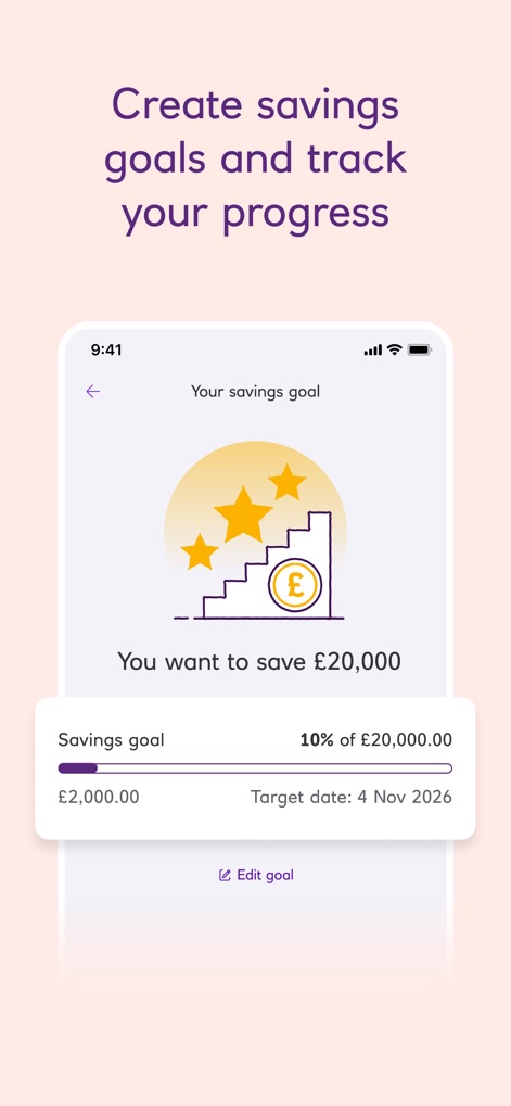 NatWest Mobile Banking - L'application permet de définir des objectifs d'épargne clairs, comme un but de "£20,000", et de suivre visuellement les progrès réalisés grâce à une barre d'avancement et une date cible.