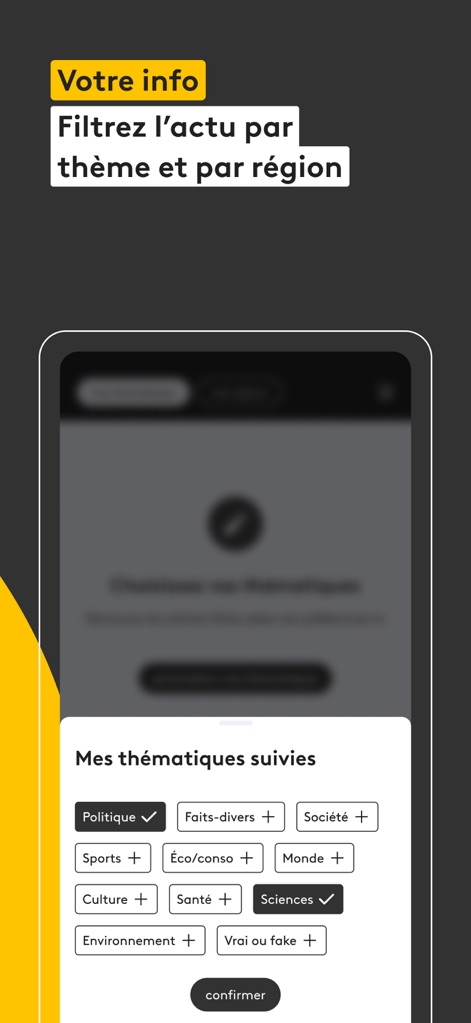 franceinfo: l’info en continu - Users can easily curate their content by selecting preferred topic tags from a comprehensive grid and confirming their choices to personalize their news experience.