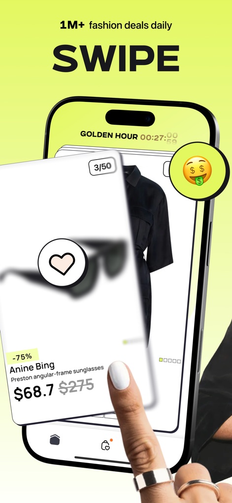 GOLD - The Best Deals Daily - This tool empowers users to effortlessly browse fashion deals with a simple swipe gesture, while the Golden Hour countdown builds exciting anticipation for limited-time offers.