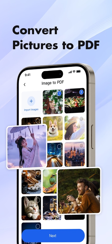 PDF Reader - OCR Scan Edit - This tool streamlines the process of converting image collections into PDFs, showcasing the 'Import Images' option and the clear 'Next' button for completion.