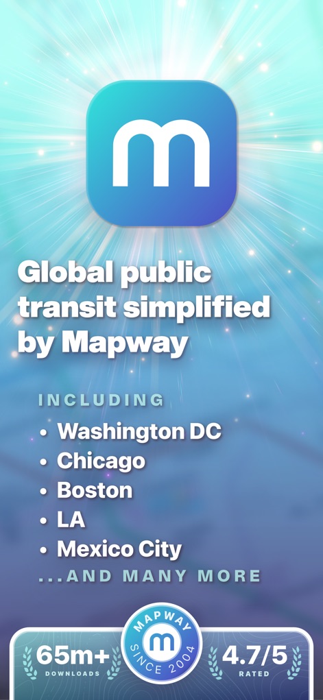 Mapway: Maps & Transit Planner - The app proudly displays its "Global public transit simplified" mission statement alongside a list of covered major cities, highlighting its extensive reach.