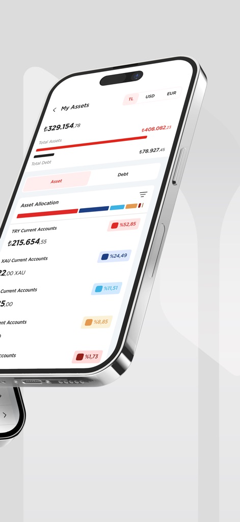 Ziraat Katılım - Review the comprehensive "Asset Allocation" breakdown via an informative bar chart and a clear summary of total "Assets and Debts."