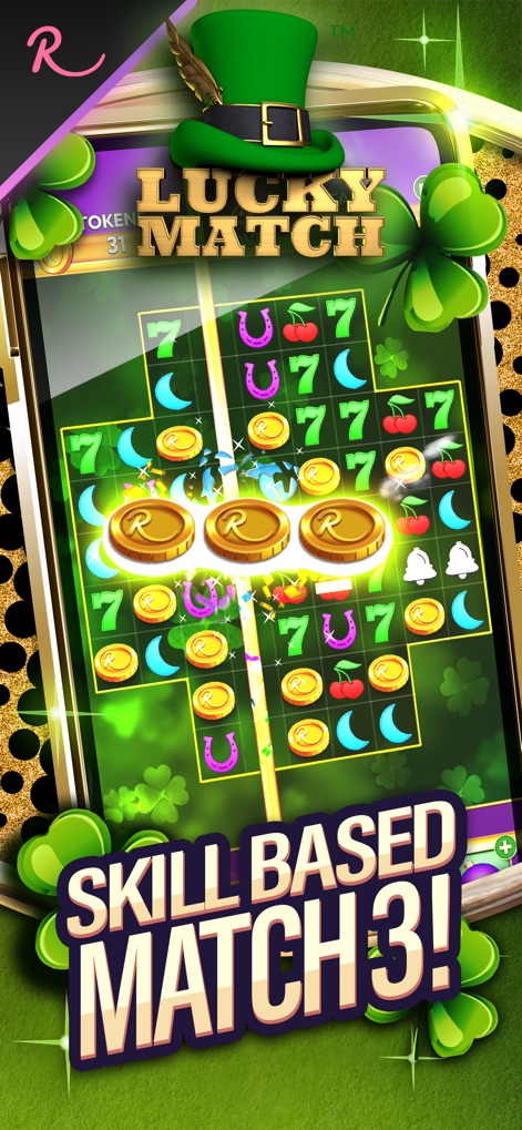 Lucky Match: Win Real Money - Examine the 'Lucky Match' game title prominently displayed above the vibrant match-3 game board, rich with diverse symbols and collectible R-coins.