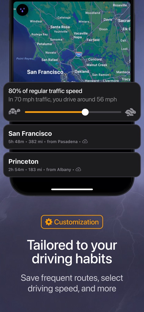 Weather on the Way - The app enables personalized travel through features like adjustable driving speed to account for traffic, and the convenience of saving frequent routes for quick access.