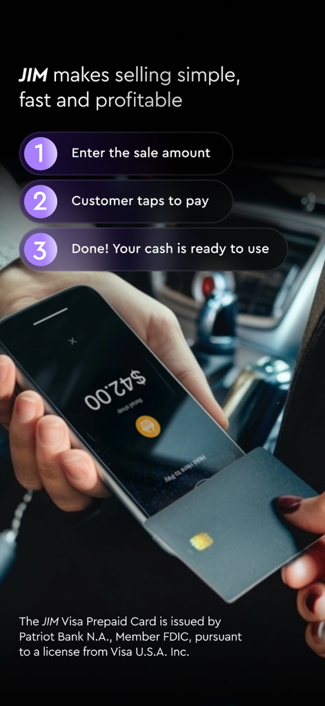 JIM: Tap to Pay & Payment Link - Este slide ilustra o processo simplificado de três etapas para aceitar pagamentos, destacando a entrada do valor da venda e o gesto de tocar o cartão no telefone.