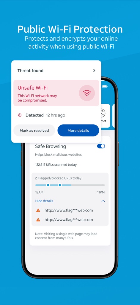 AT&T ActiveArmor® - This tool offers robust "Public Wi-Fi Protection", alerting users to "Unsafe Wi-Fi" networks and displaying "Flagged/blocked URLs" for safe browsing.