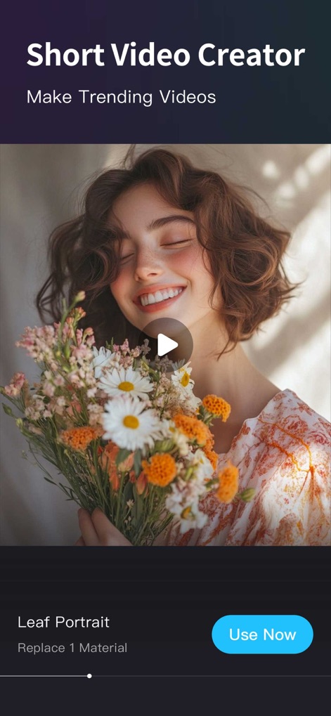 Slideshow Maker - MovieStudio - Esta función de la aplicación permite a los usuarios generar videos cortos de tendencia, utilizando plantillas que requieren la sustitución de un único material y muestran el resultado de un "retrato de hoja".