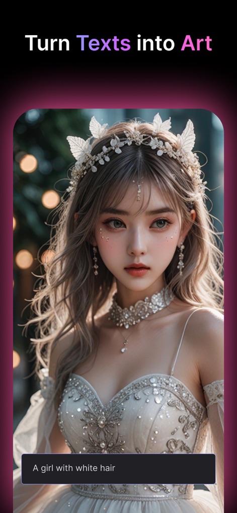 MyEdit: AI Photo Generator - Esta ferramenta de IA transforma descrições textuais em arte visual deslumbrante, como a criação de uma figura feminina etérea com cabelos brancos e adornos florais.