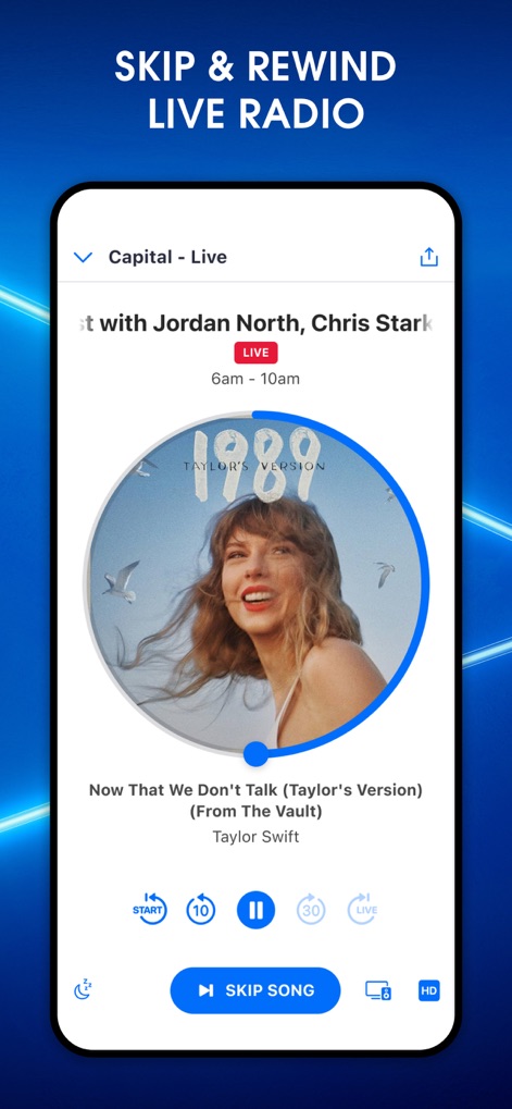 Global Player Radio & Podcasts - The app provides comprehensive control over live radio through its circular player interface and dedicated skip and rewind functionalities, empowering users to manage their listening.