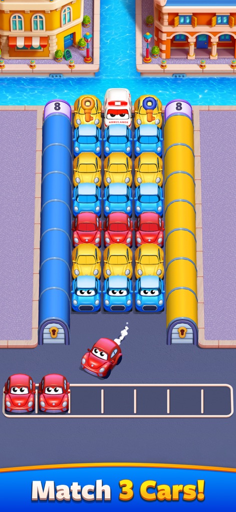Car Match - Traffic Puzzle - Observe la mecánica central del juego, donde los usuarios estratégicamente mueven los coches en los carriles y la fila inferior para formar combinaciones.