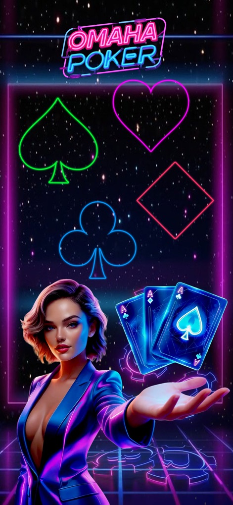 Omaha Poker™- Unlimited Play - 이 앱은 눈길을 사로잡는 네온 그래픽과 카드 수트를 통한 포커 테마를 강조하며 사용자를 매혹적인 게임 세계로 초대합니다.