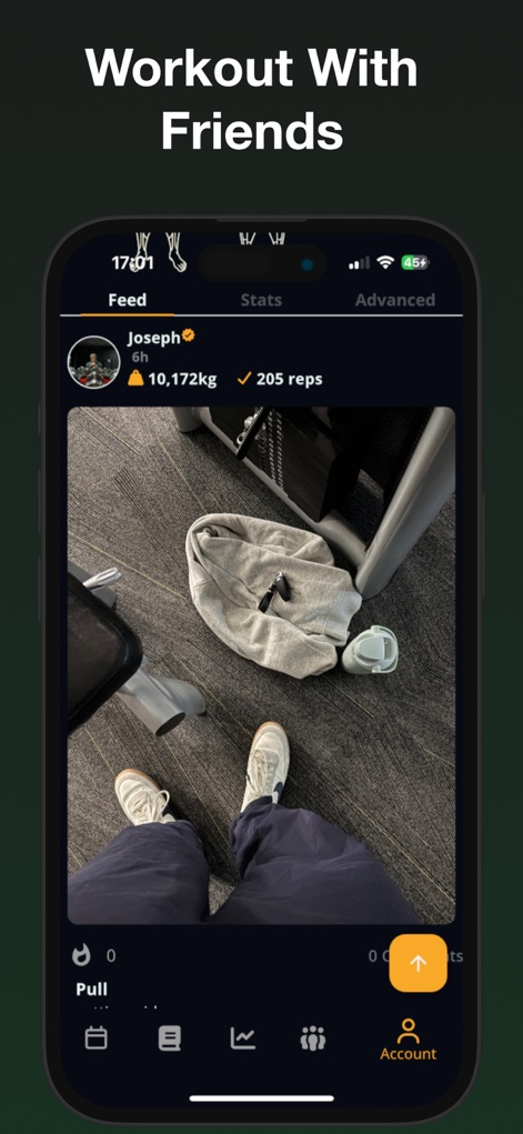 Stronger - Gym Workout Planner - Engage with the social feed where users can share their workout moments, complete with total weight lifted and reps, fostering a supportive and competitive community environment.