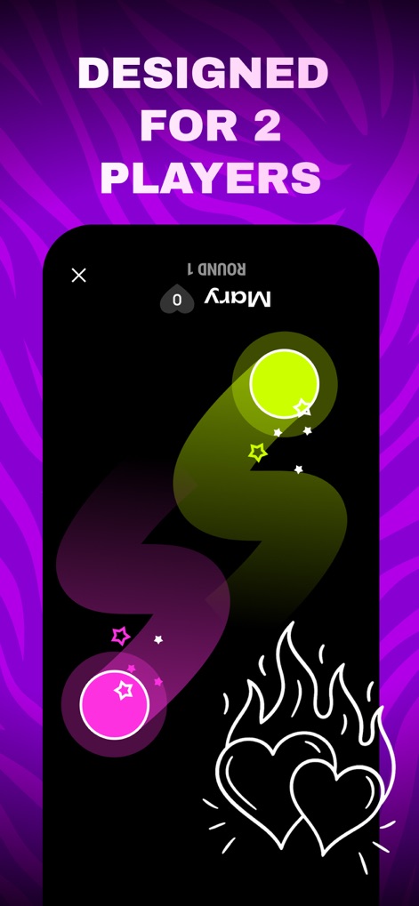 Couples Games: Spicy Challenge - Der Screen visualisiert das gemeinsame Spielerlebnis mit "Designed for 2 players" durch dynamische, leuchtende Pfade und das Flammenherz-Symbol, das Leidenschaft repräsentiert.