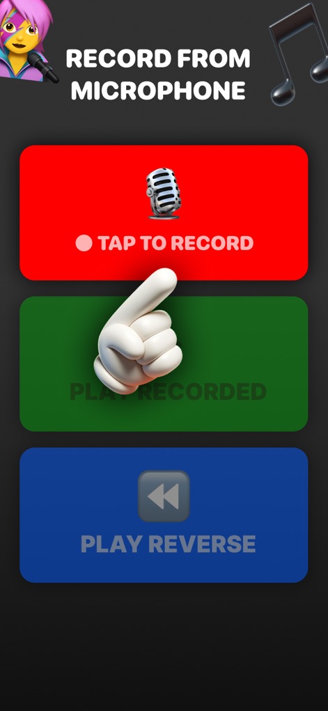 Reverse Singing - Esta interfaz intuitiva resalta el botón rojo "TAP TO RECORD" con un icono de micrófono, facilitando a los usuarios el inicio de sus creaciones.