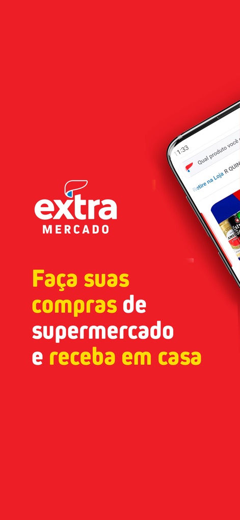 Extra Mercado - Observe the app's clean initial interface and immediate presentation of key services like home delivery and in-store pickup options.