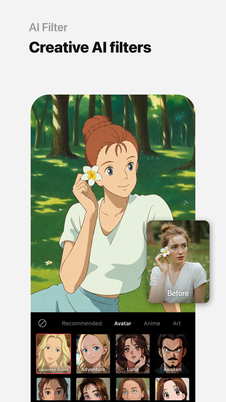 EPIK - AI Photo & Video Editor App Store screenshot 2, headline “Creative AI filters”. Green.