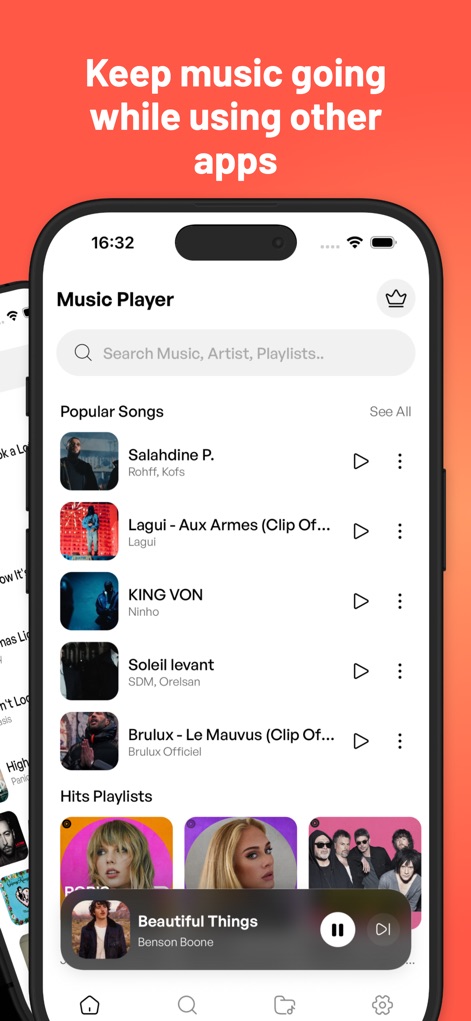 Music  : Cloud Music Streaming - Die App gewährleistet unterbrechungsfreies Hören, indem sie eine Liste populärer Songs und kuratierte "Hits Playlists" präsentiert, während ein Mini-Player die Kontrolle in jeder Situation ermöglicht.