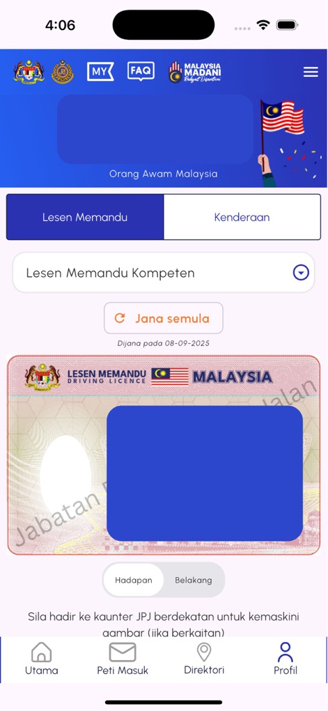 MyJPJ - The app provides a clear digital display of the 'Lesen Memandu Kompeten' (Competent Driving License) within the 'Lesen Memandu' tab, ensuring easy access to credentials.