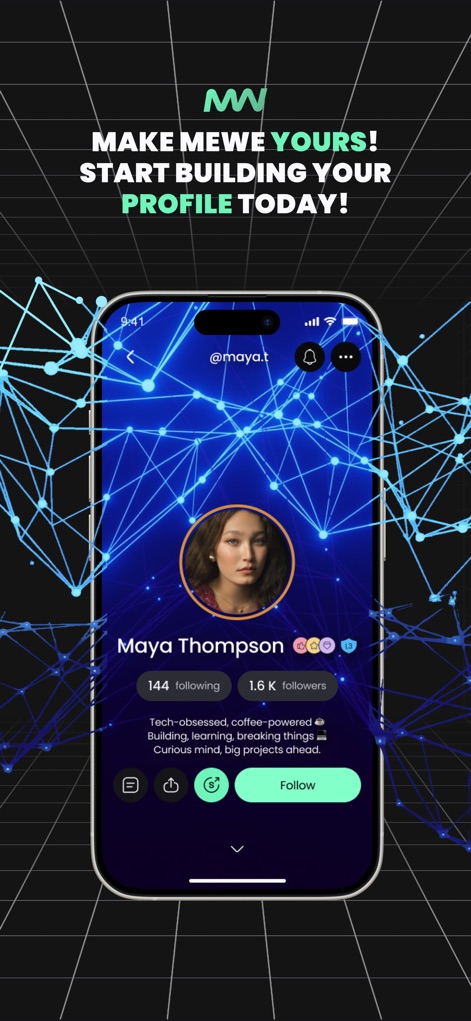 mewe: The Safe Network - Examine the customizable user profile, where individuals like 'Maya Thompson' can showcase their identity, manage followers, and articulate their interests through a personalized bio.