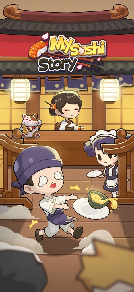 My Sushi Story - 이 이미지는 앱의 로딩 화면으로, 귀여운 캐릭터들이 접시를 떨어뜨리는 코믹한 상황과 함께 'My Sushi Story'라는 앱 로고를 선명하게 보여줍니다.