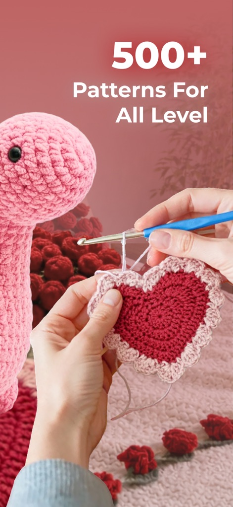 YarnPal - Crochet & Knitting - This tool empowers users with an expansive collection of patterns, featuring detailed hands-on crochet work and a bold declaration of over 500 options.