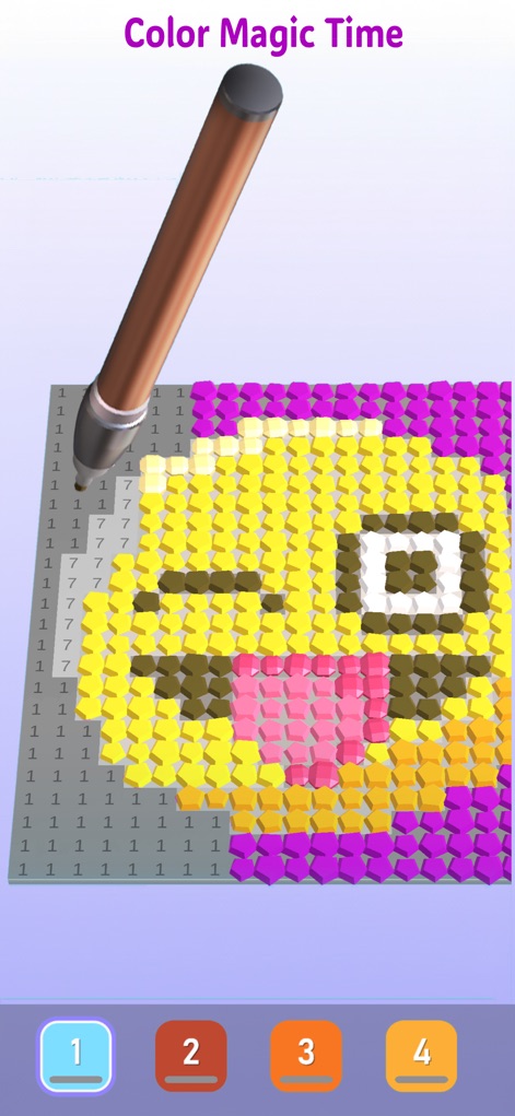 Diamond Painting ASMR Coloring - See how the app guides users with a numbered color palette and a digital stylus for precise diamond placement.