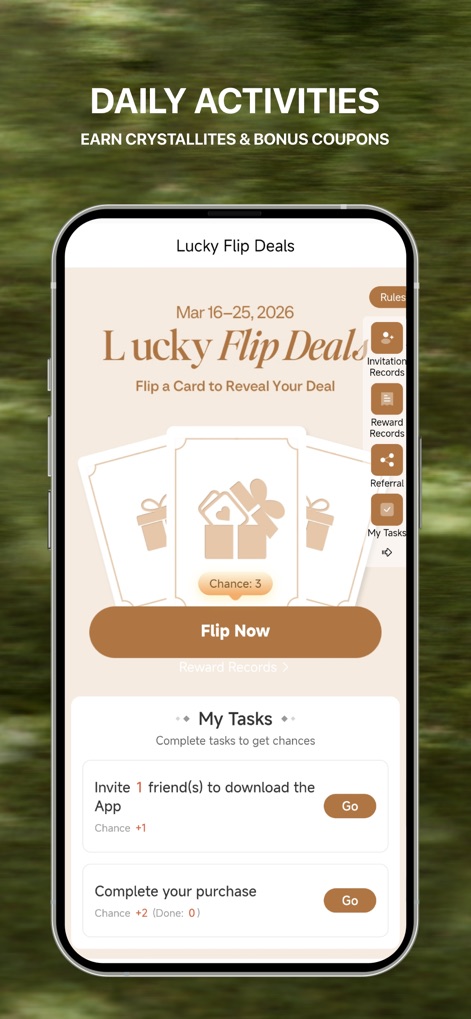 MICAS - Shop Women's Fashion - このアプリは「Lucky Flip Deals」のような魅力的な日替わりアクティビティを通じて、ユーザーがCrystallitesやボーナスクーポンを獲得できる機会を提供します。